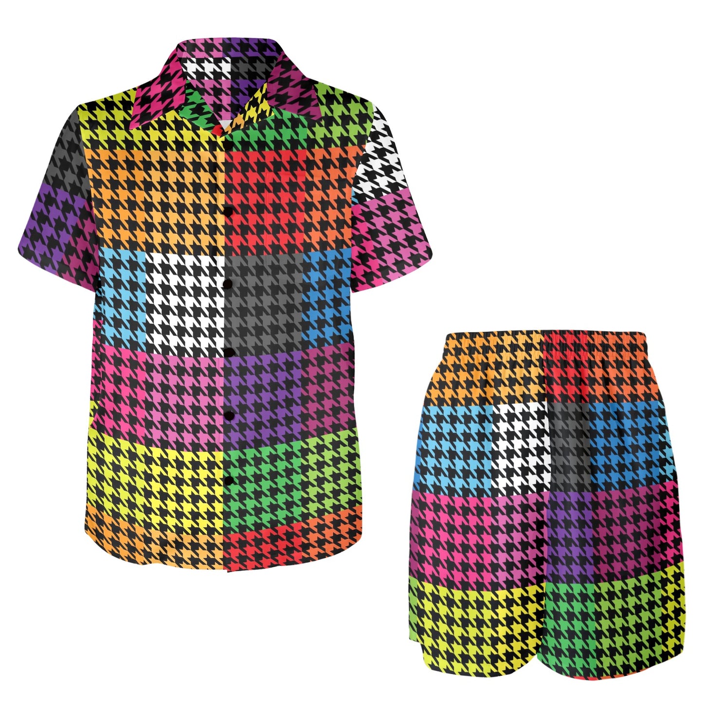 Houndstooth Colorful Pattern Print Design 01 Men's Beach Shirt and Shorts Set