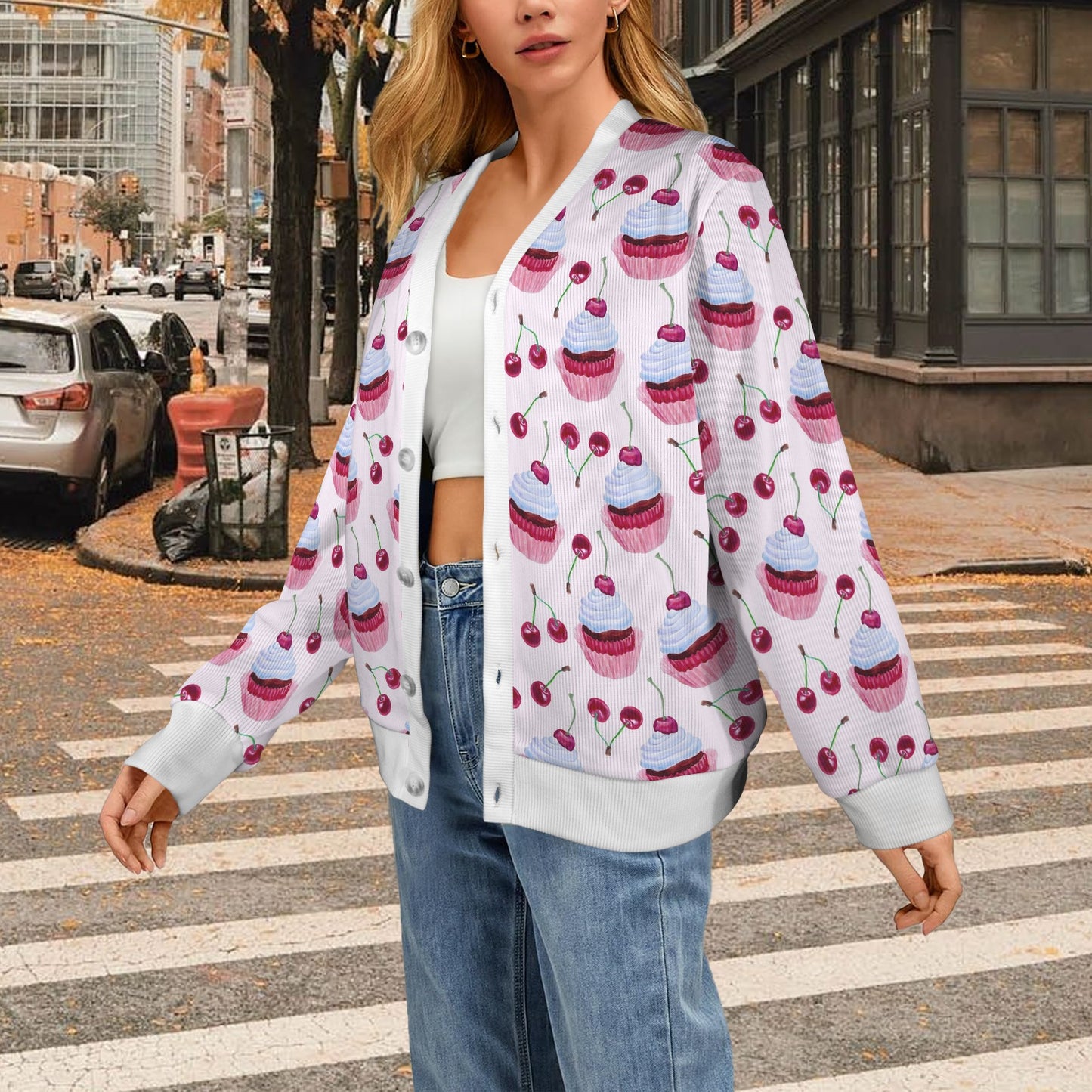 Cherry Cupcake Pink Pattern Women's Cardigan