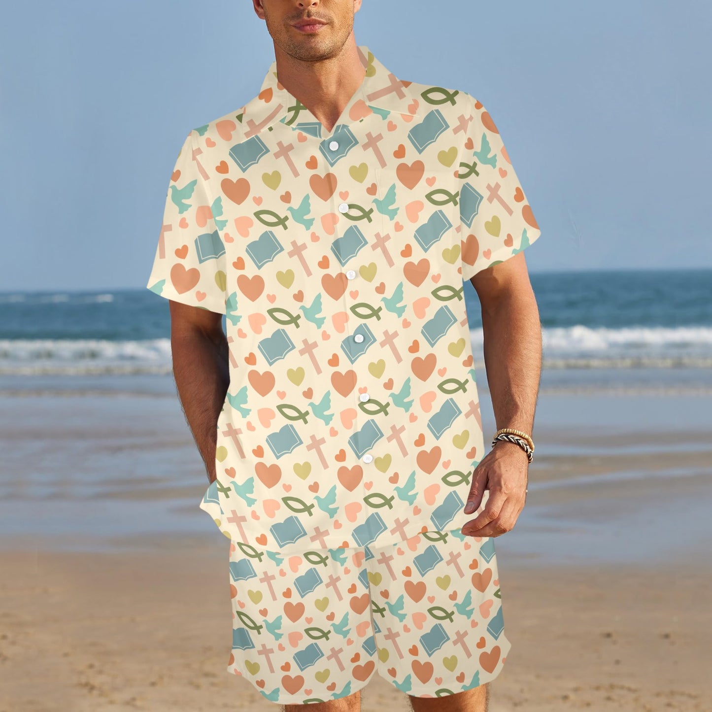 Christian Symbol Pattern Men's Beach Shirt and Shorts Set