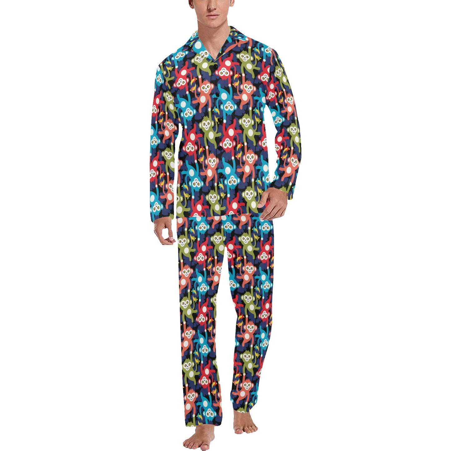 Monkey Colorful Design Themed Print Men's Long Pajama Set
