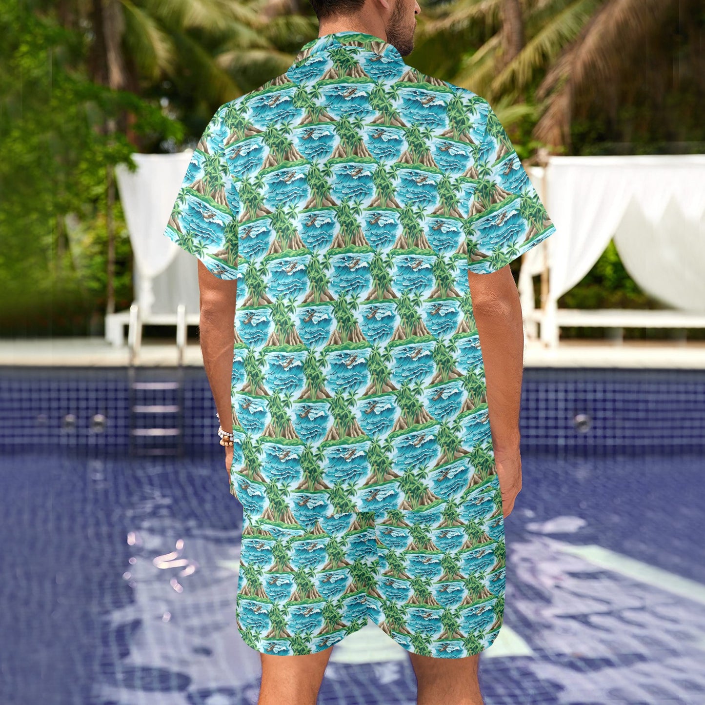 Palm Tree Hawaiian Themed Design Print Men's Beach Shirt and Shorts Set
