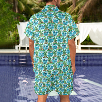 Palm Tree Hawaiian Themed Design Print Men's Beach Shirt and Shorts Set