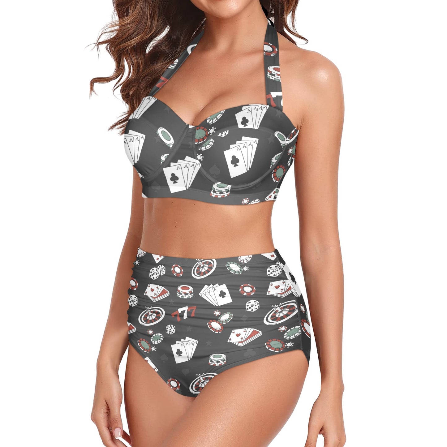 Casino Pattern Print Design 02 Halter Neck Bikini Swimsuit