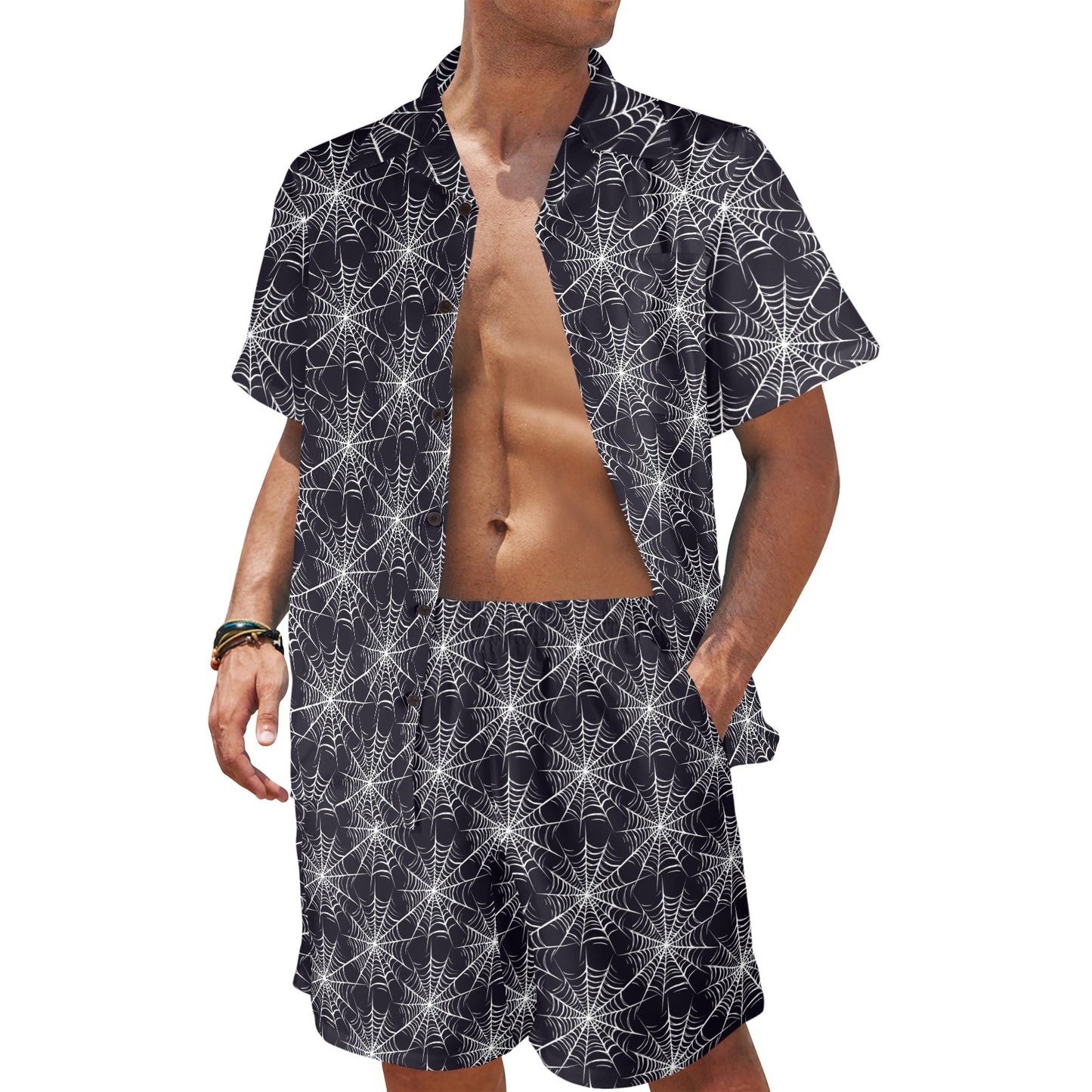 Spider Web Print Design LKS303 Men's Beach Shirt and Shorts Set