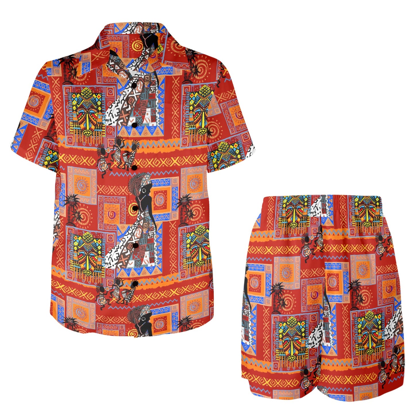 African Print Pattern Men's Beach Shirt and Shorts Set