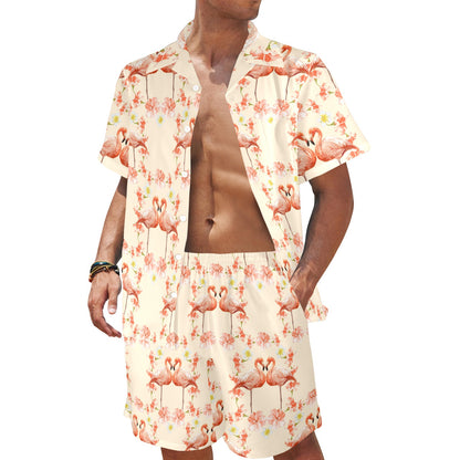 Flamingo Hibiscus Print Pattern Men's Beach Shirt and Shorts Set