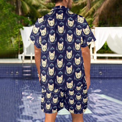 Cat Head with flower Print Pattern Men's Beach Shirt and Shorts Set