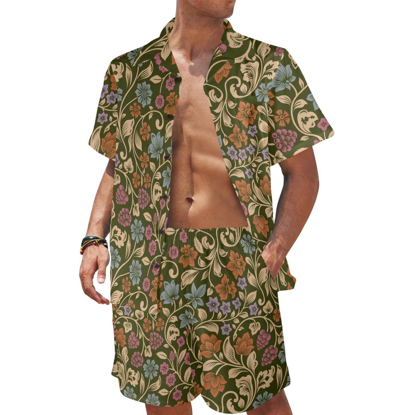 Floral Vintage Print Pattern Men's Beach Shirt and Shorts Set