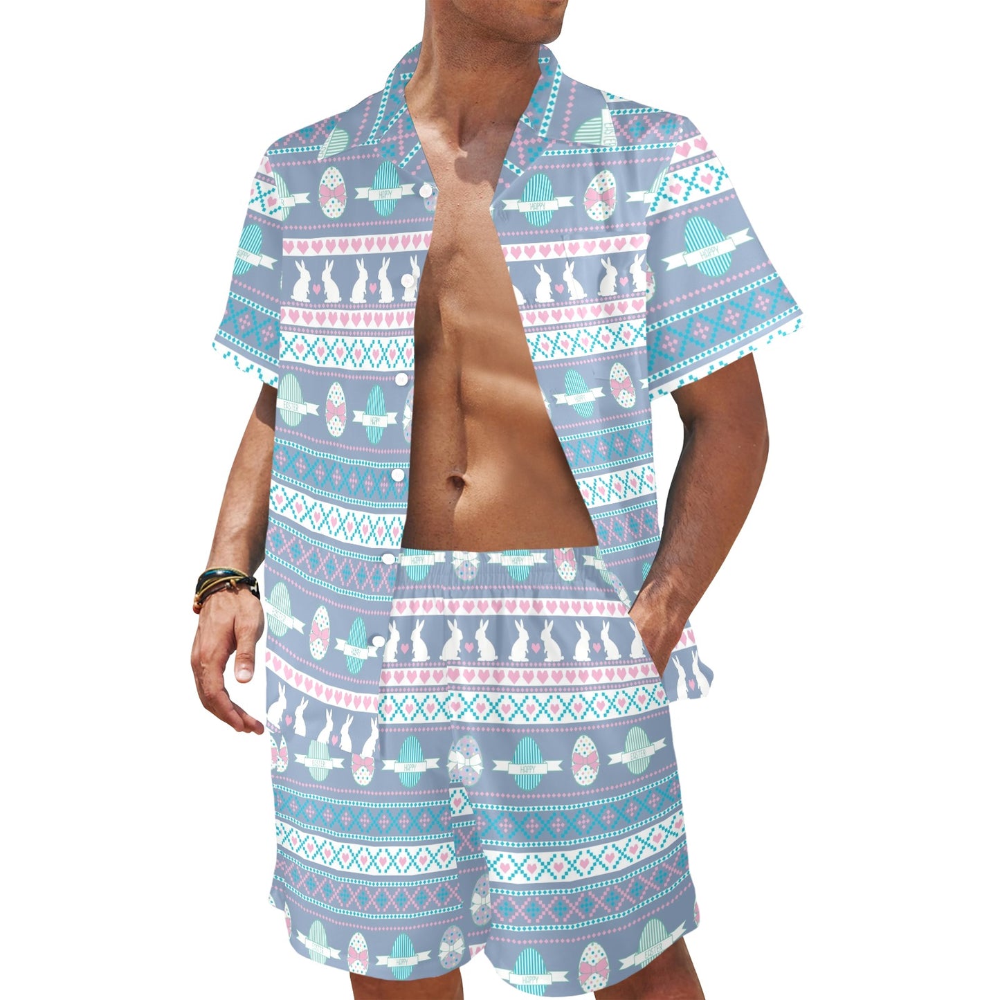 Easter Eggs Pattern Print Design RB013 Men's Beach Shirt and Shorts Set
