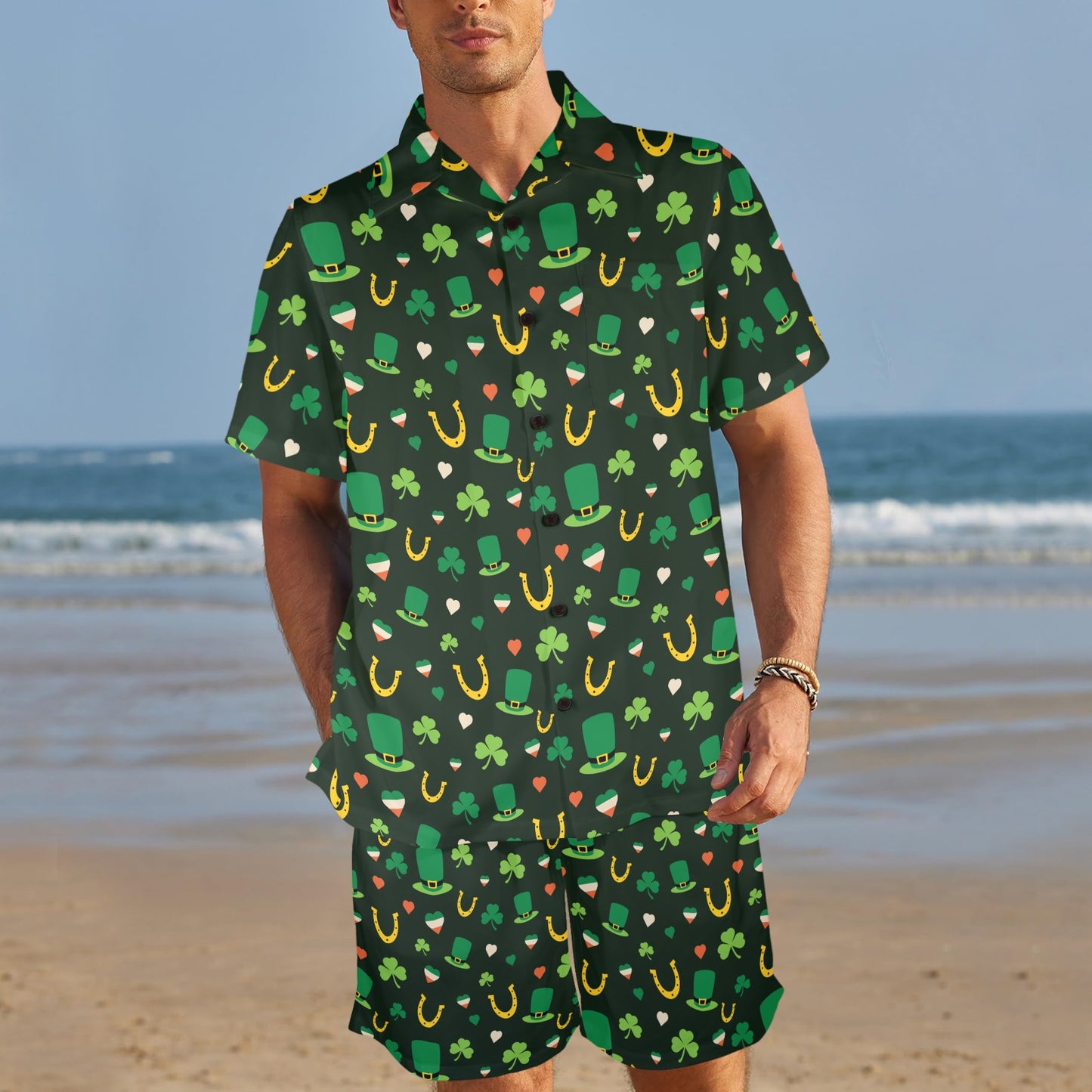 Shamrock Print Design LKS308 Men's Beach Shirt and Shorts Set