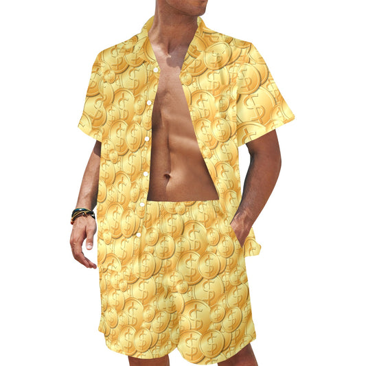 Dollar Pattern Print Design DO03 Men's Beach Shirt and Shorts Set