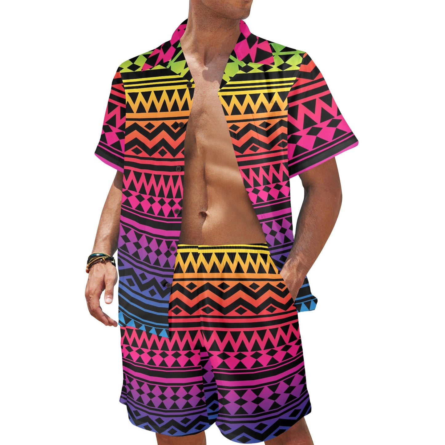 Rainbow Tribal Pattern Print Design A02 Men's Beach Shirt and Shorts Set