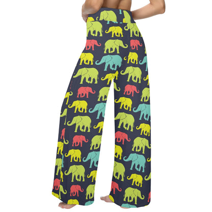 Elephant Neon Color Print Pattern Women's Wide Leg Lounge Pants