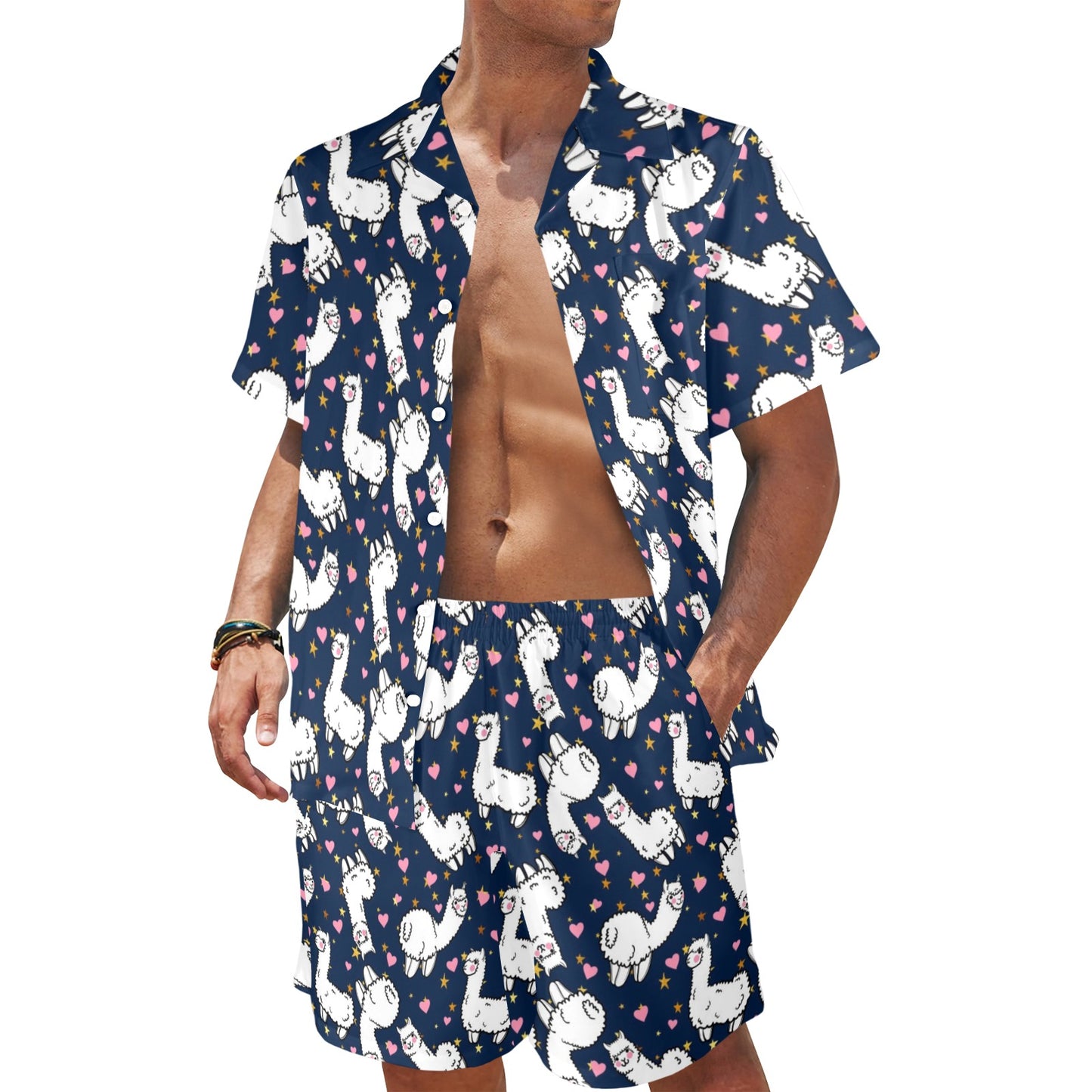 Alpaca Heart Star Design Themed Print Men's Beach Shirt and Shorts Set