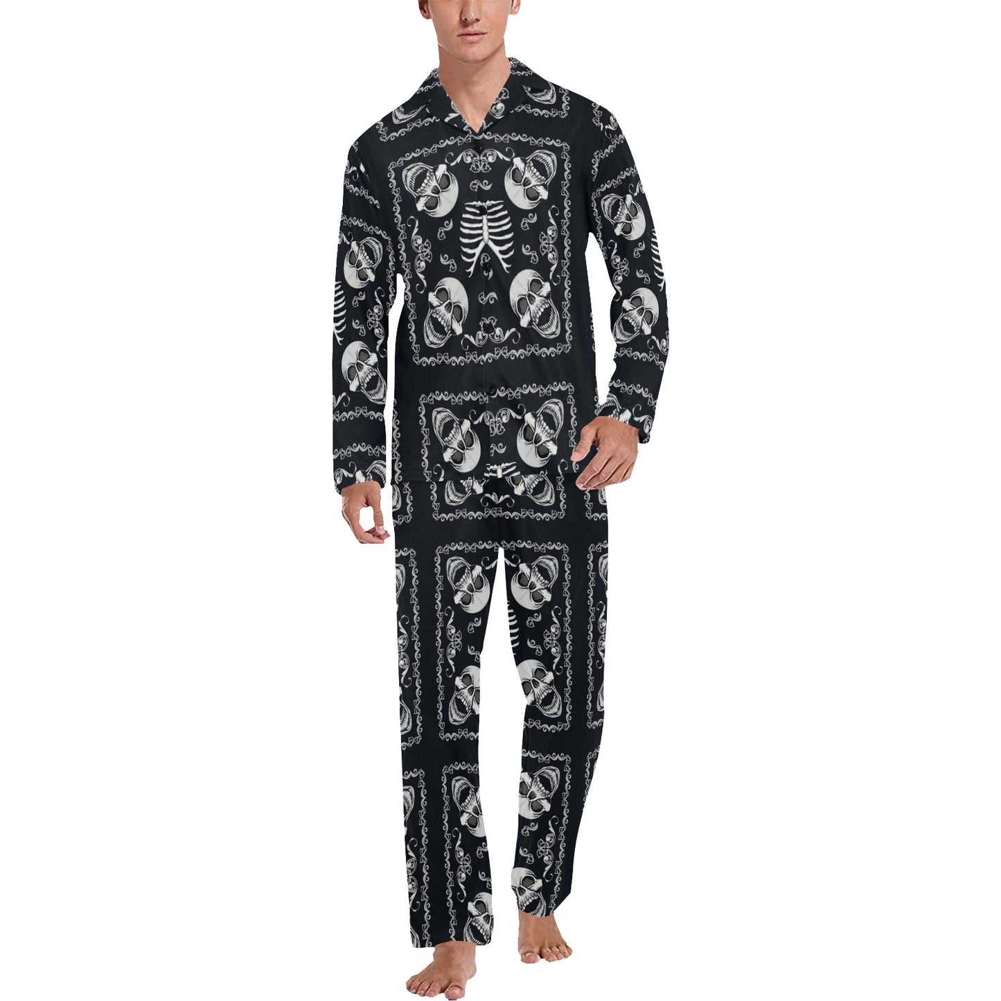 Bandana Skull Black White Print Design LKS306 Men's Long Pajama Set