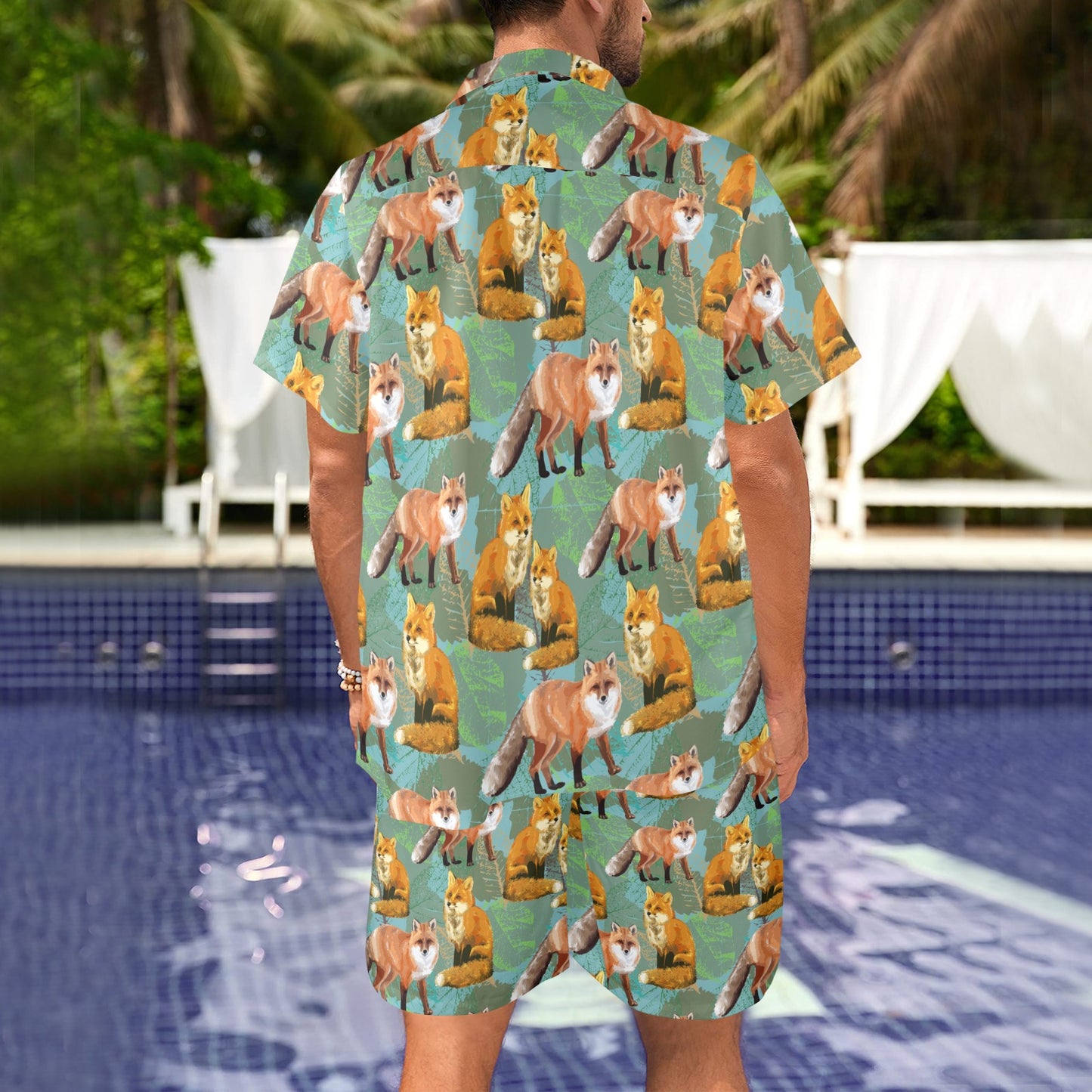 Fox Autumn leaves Themed Men's Beach Shirt and Shorts Set
