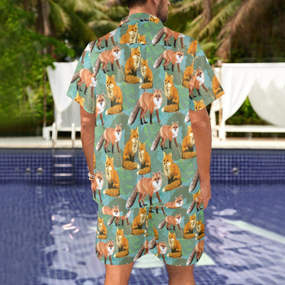 Fox Autumn leaves Themed Men's Beach Shirt and Shorts Set