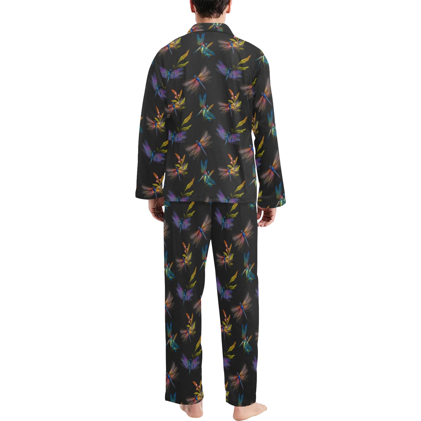Dragonfly Colorful Realistic Print Men's Long Pajama Set