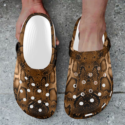 Snake Skin Brown Print Unisex Clogs Shoes