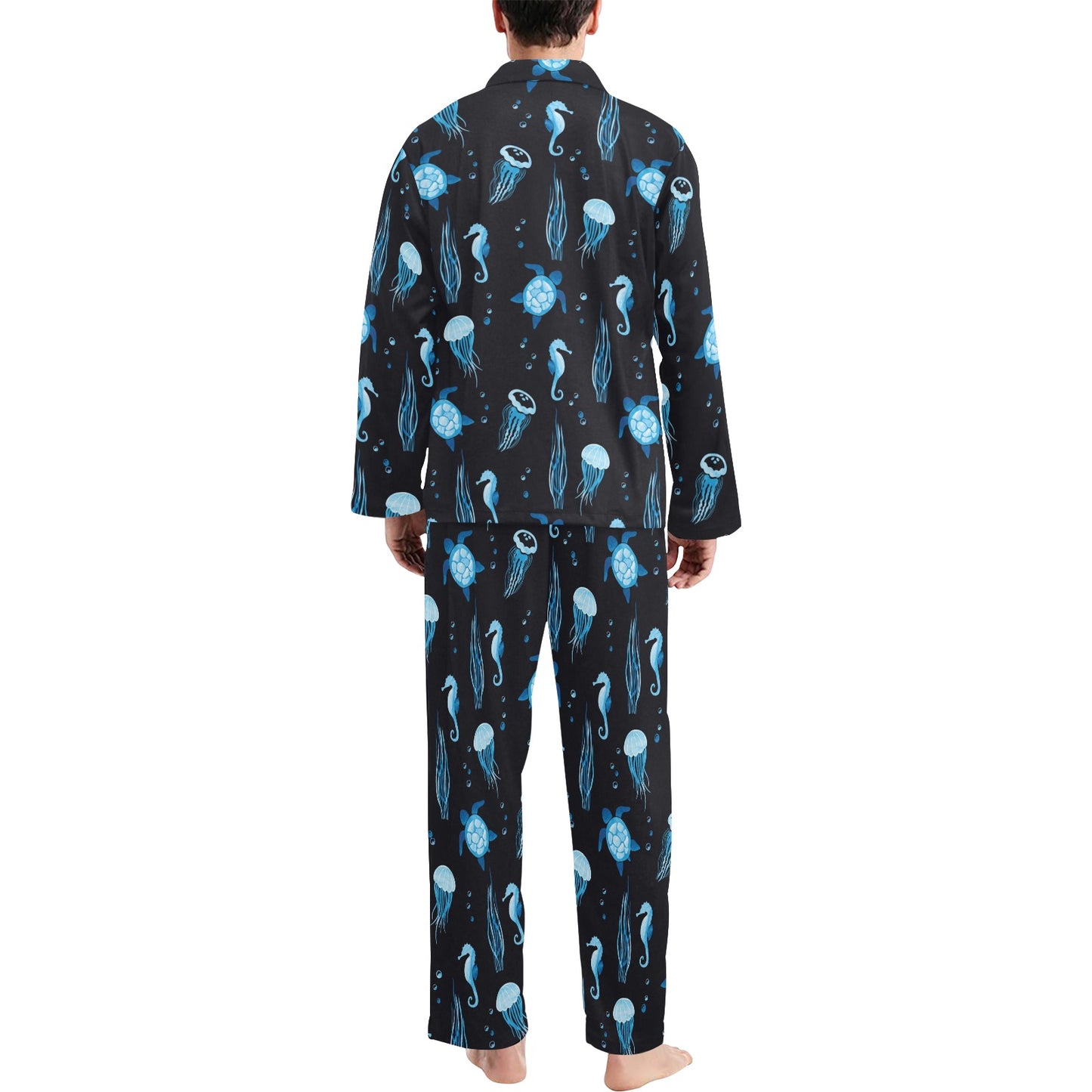 Sea Turtle Jelly Fish Sea Horse Print Design LKS3014 Men's Long Pajama Set