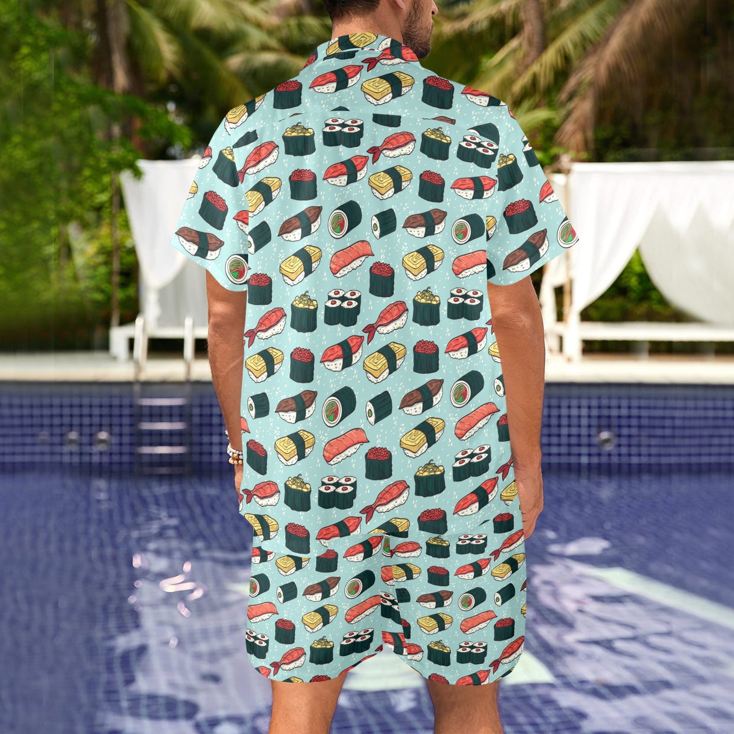 Sushi Pattern Design Men's Beach Shirt and Shorts Set