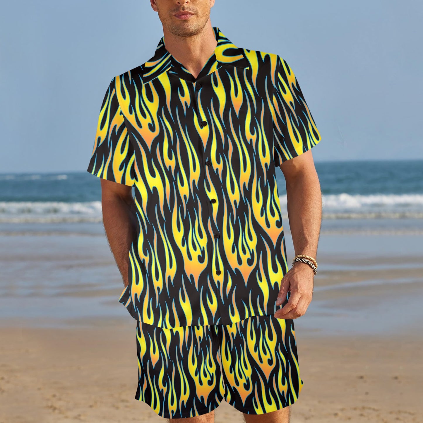 Flame Fire Yellow Pattern Men's Beach Shirt and Shorts Set