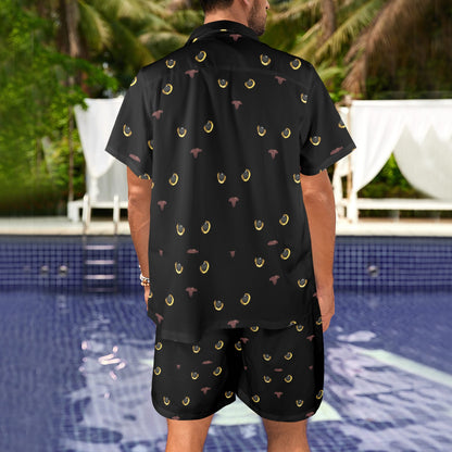 Black Cat Face Print Pattern Men's Beach Shirt and Shorts Set