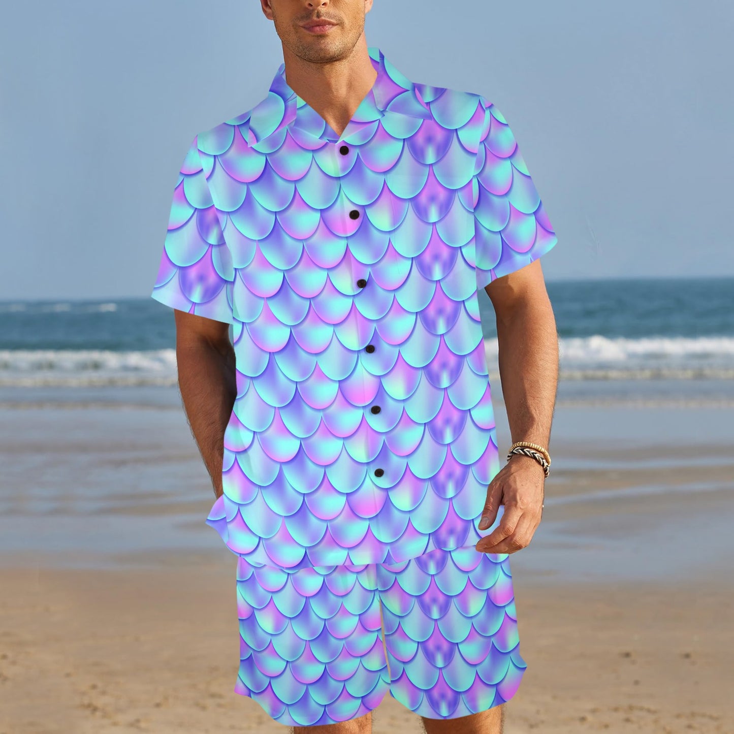Mermaid Tail Design Print Pattern Men's Beach Shirt and Shorts Set