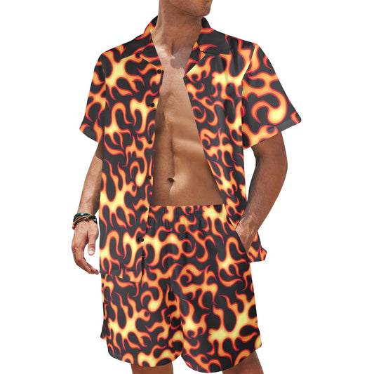 Flame Fire Themed Print Men's Beach Shirt and Shorts Set