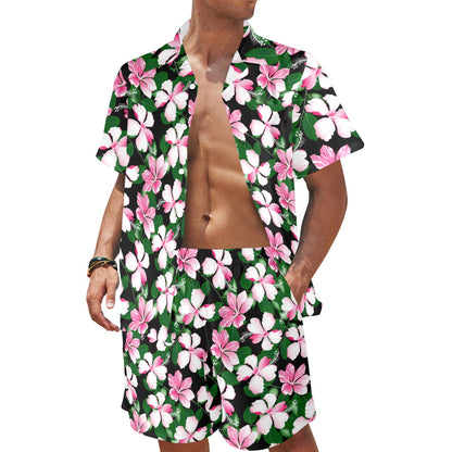 Hibiscus Pink Flower Hawaiian Print Men's Beach Shirt and Shorts Set