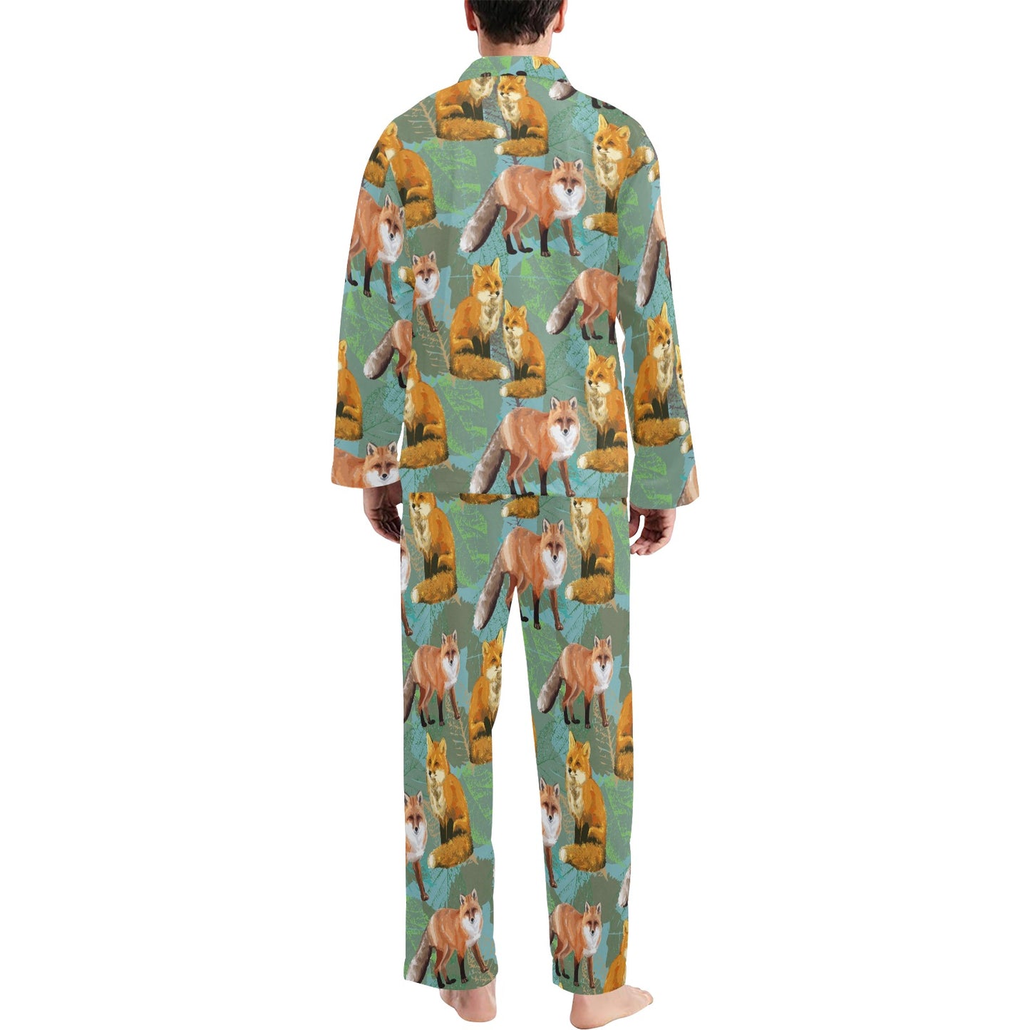 Fox Autumn leaves Themed Men's Long Pajama Set