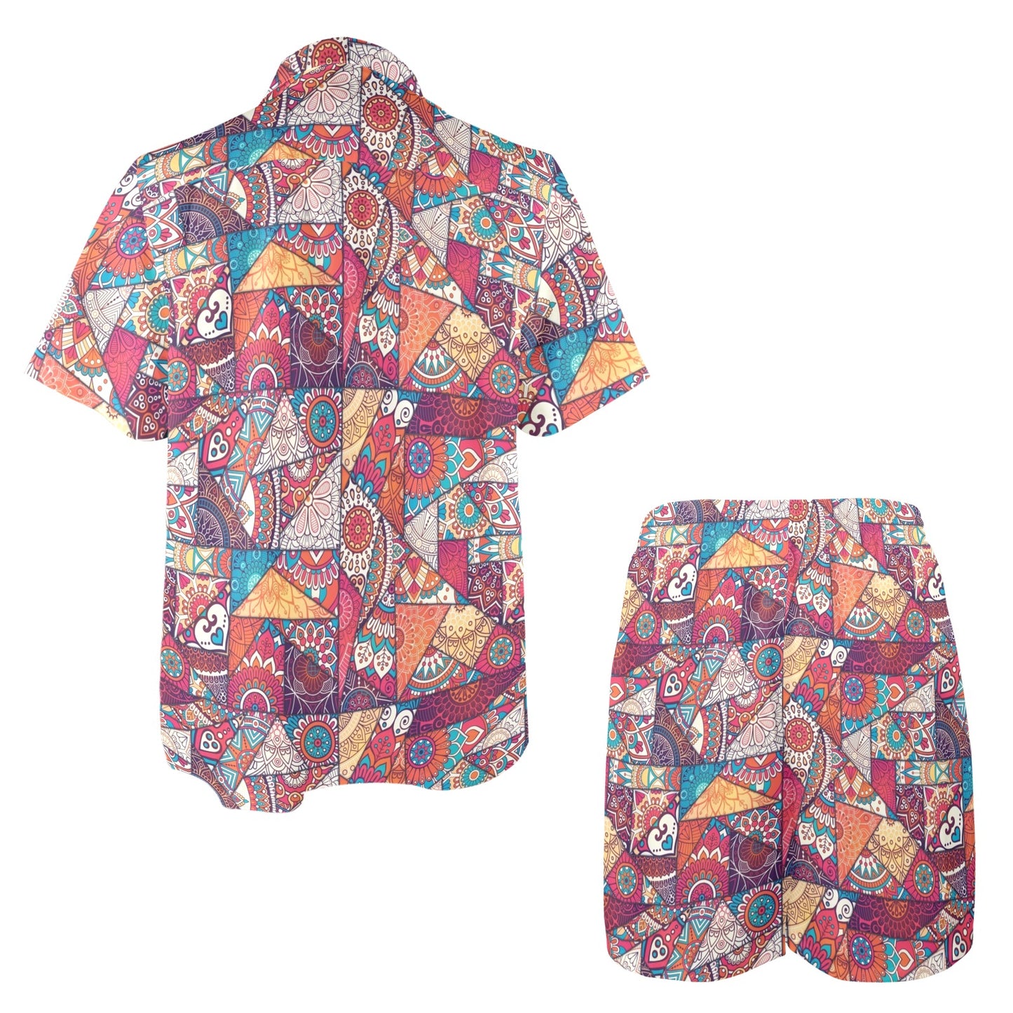 Patchwork Print Design LKS401 Men's Beach Shirt and Shorts Set