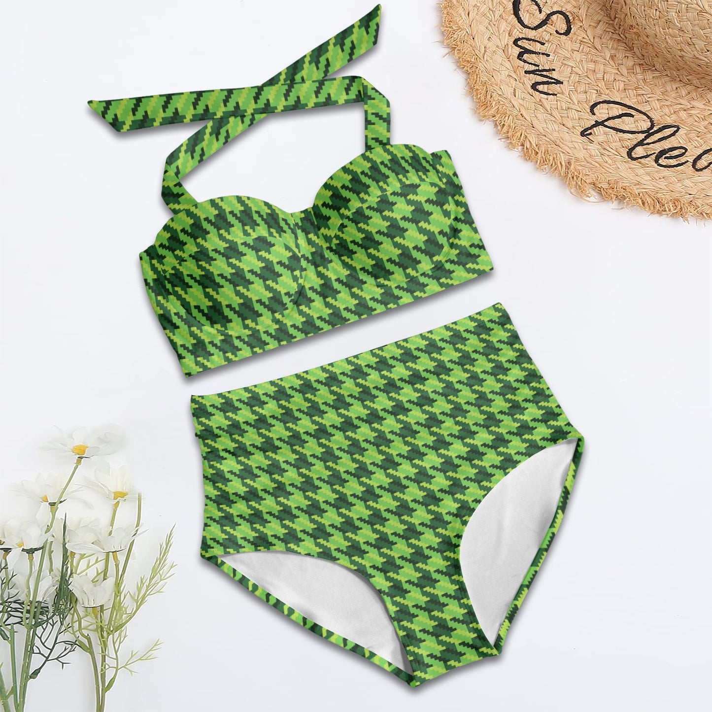 St Patricks Day Houndstooth Pattern Print LKS301 Halter Neck Bikini Swimsuit