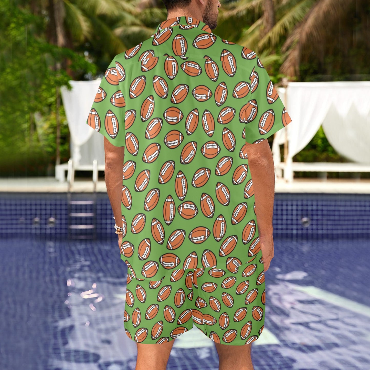 American Football on Green Design Men's Beach Shirt and Shorts Set