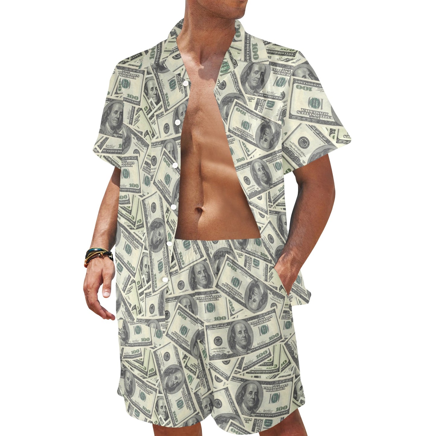 Dollar Pattern Print Design DO02 Men's Beach Shirt and Shorts Set