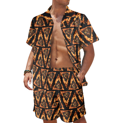Eye of Horus in Flame Print Men's Beach Shirt and Shorts Set