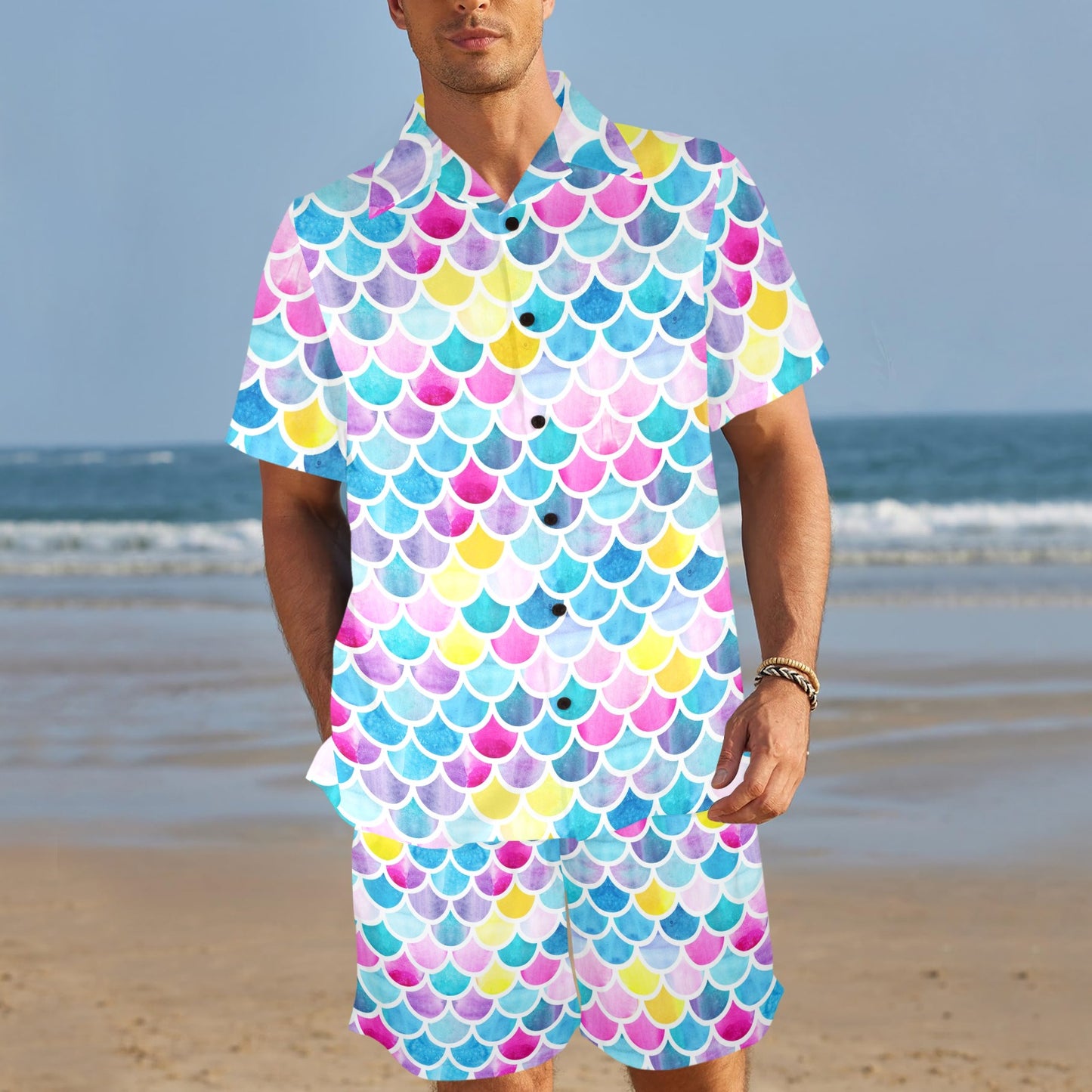 Scales Print Design LKS402 Men's Beach Shirt and Shorts Set