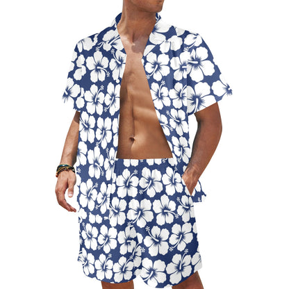 Hibiscus Blue Hawaiian Flower Pattern Men's Beach Shirt and Shorts Set