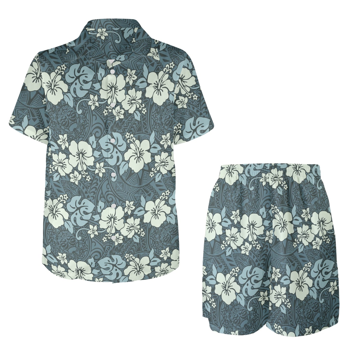 Flower Hawaiian Hibiscus Style Print Pattern Men's Beach Shirt and Shorts Set