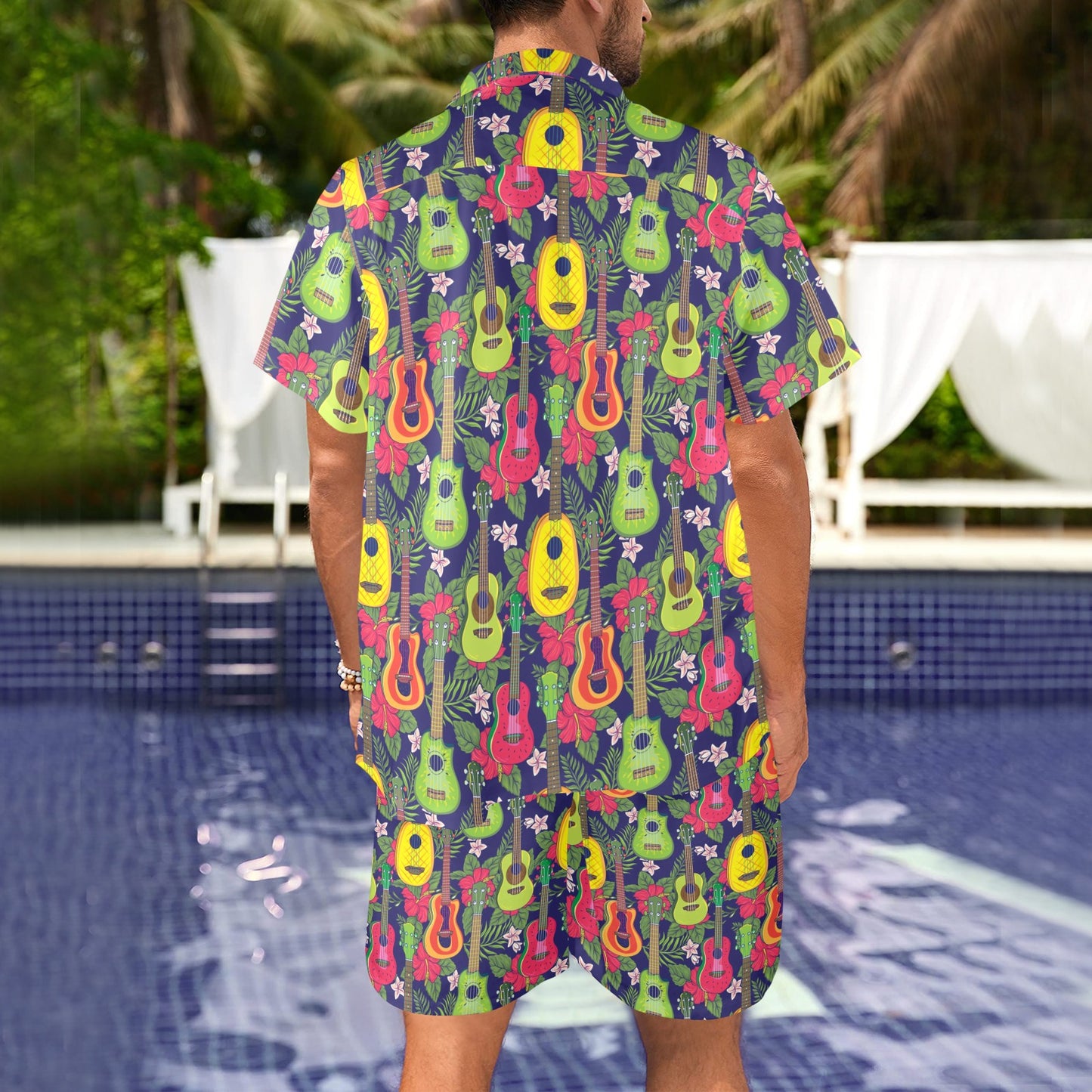 Ukulele Tropical Pattern Print Design 03 Men's Beach Shirt and Shorts Set