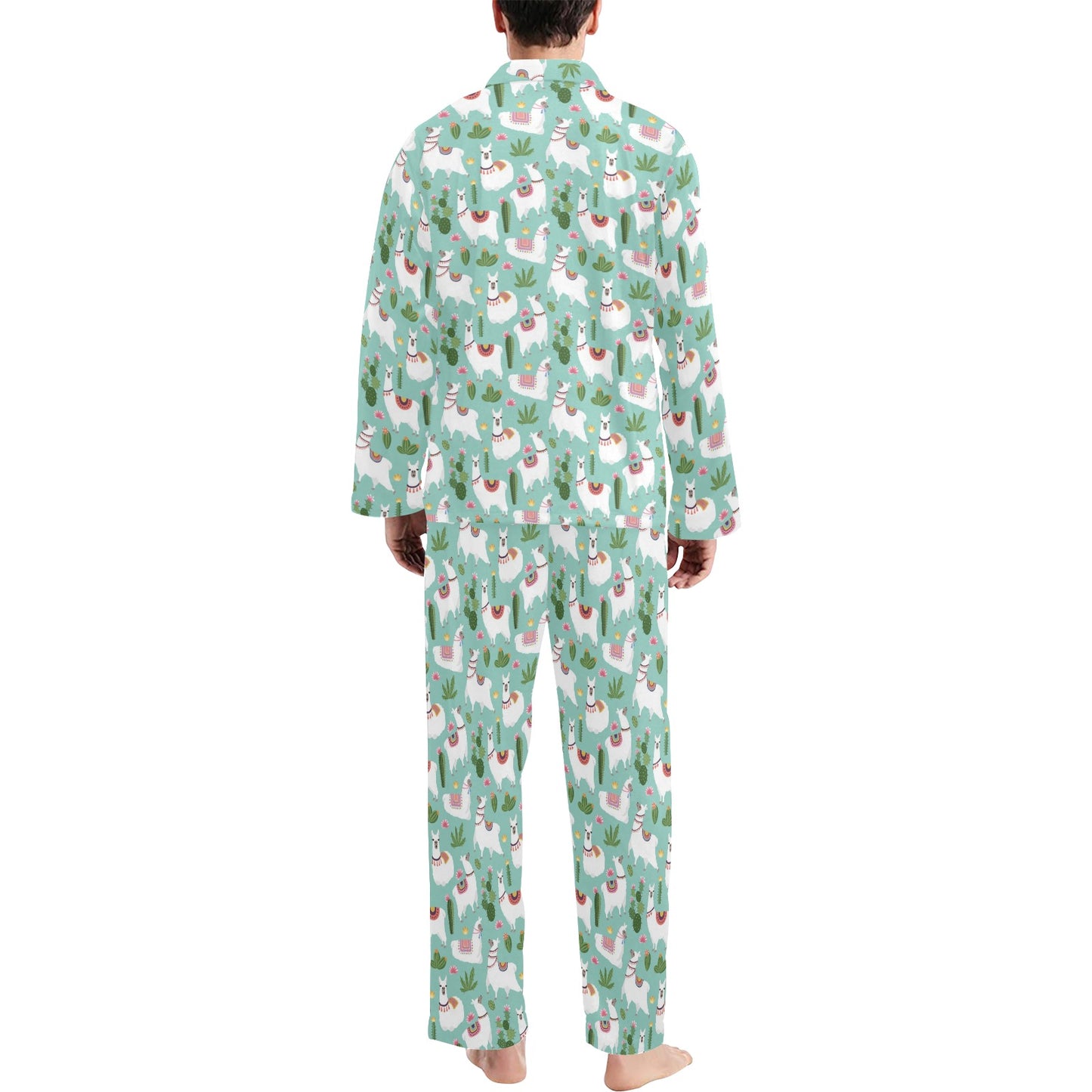 Llama with Cactus Themed Print Men's Long Pajama Set