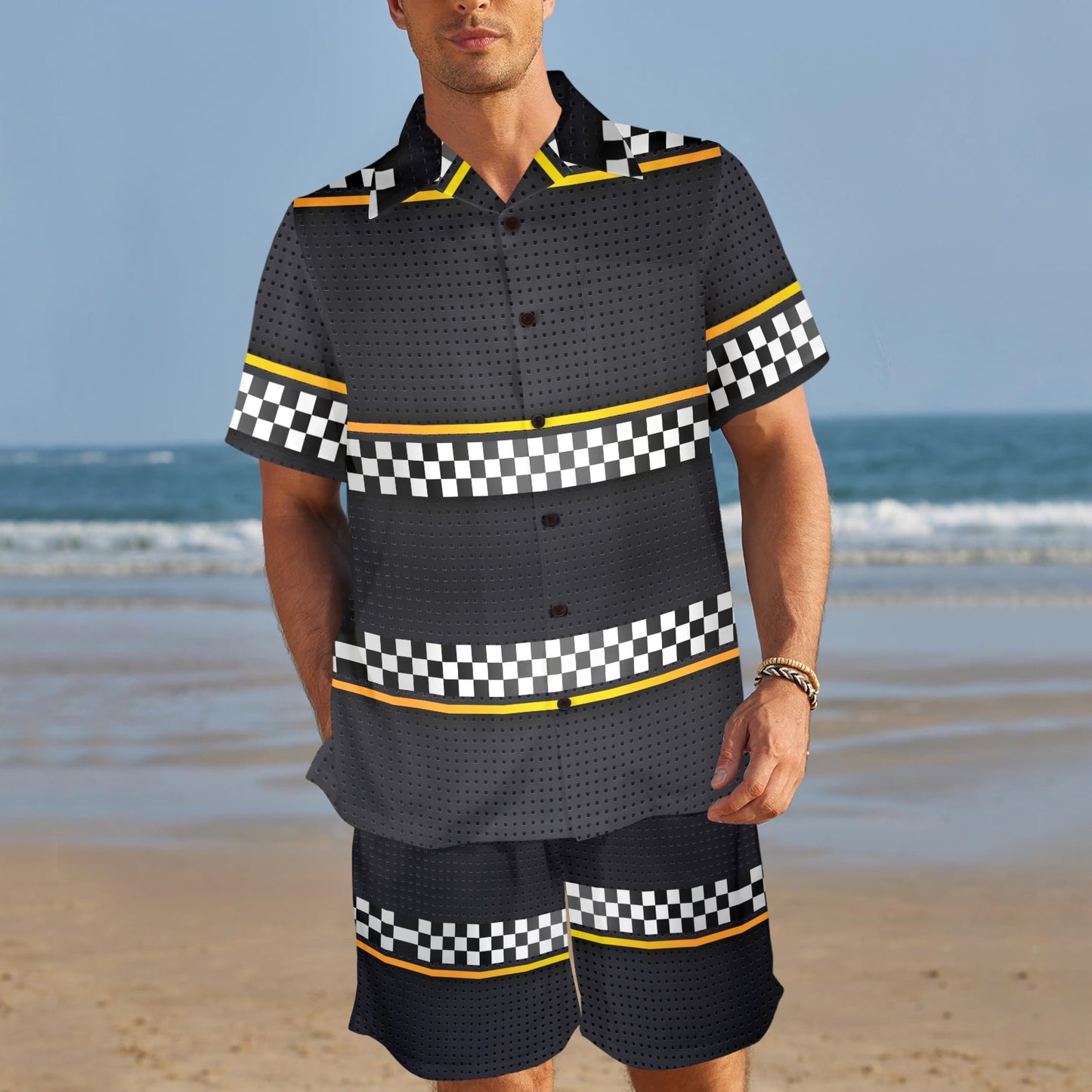 Checkered Flag Yellow Line Style Men's Beach Shirt and Shorts Set