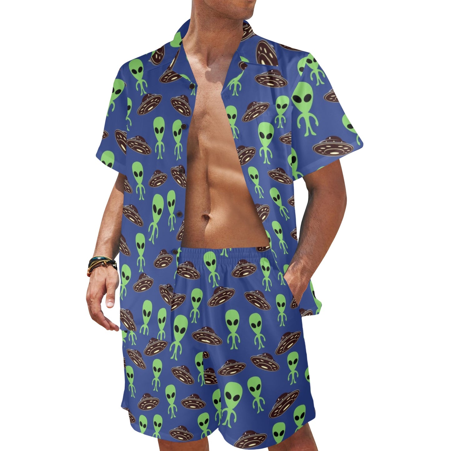 Alien Green UFO Pattern Men's Beach Shirt and Shorts Set