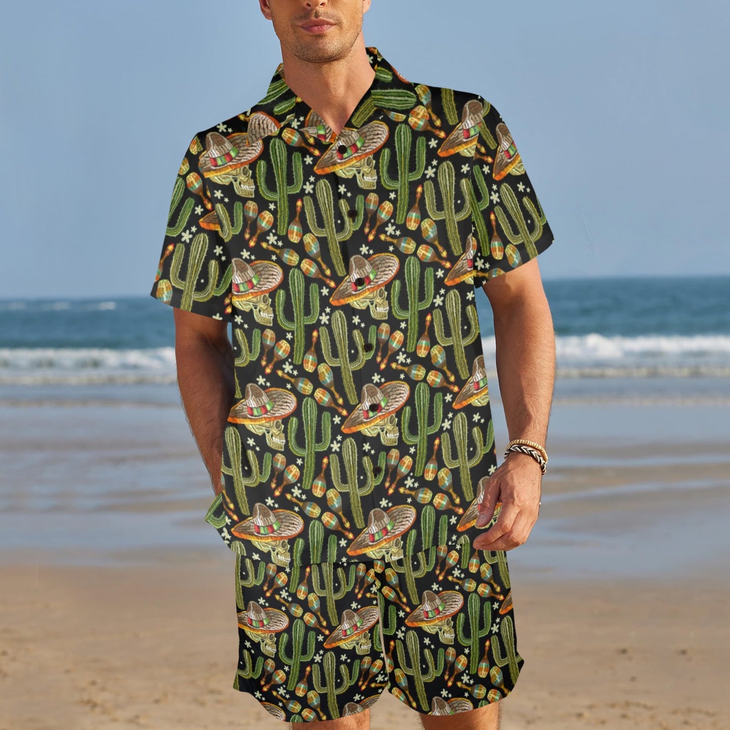 Western Style Print Men's Beach Shirt and Shorts Set