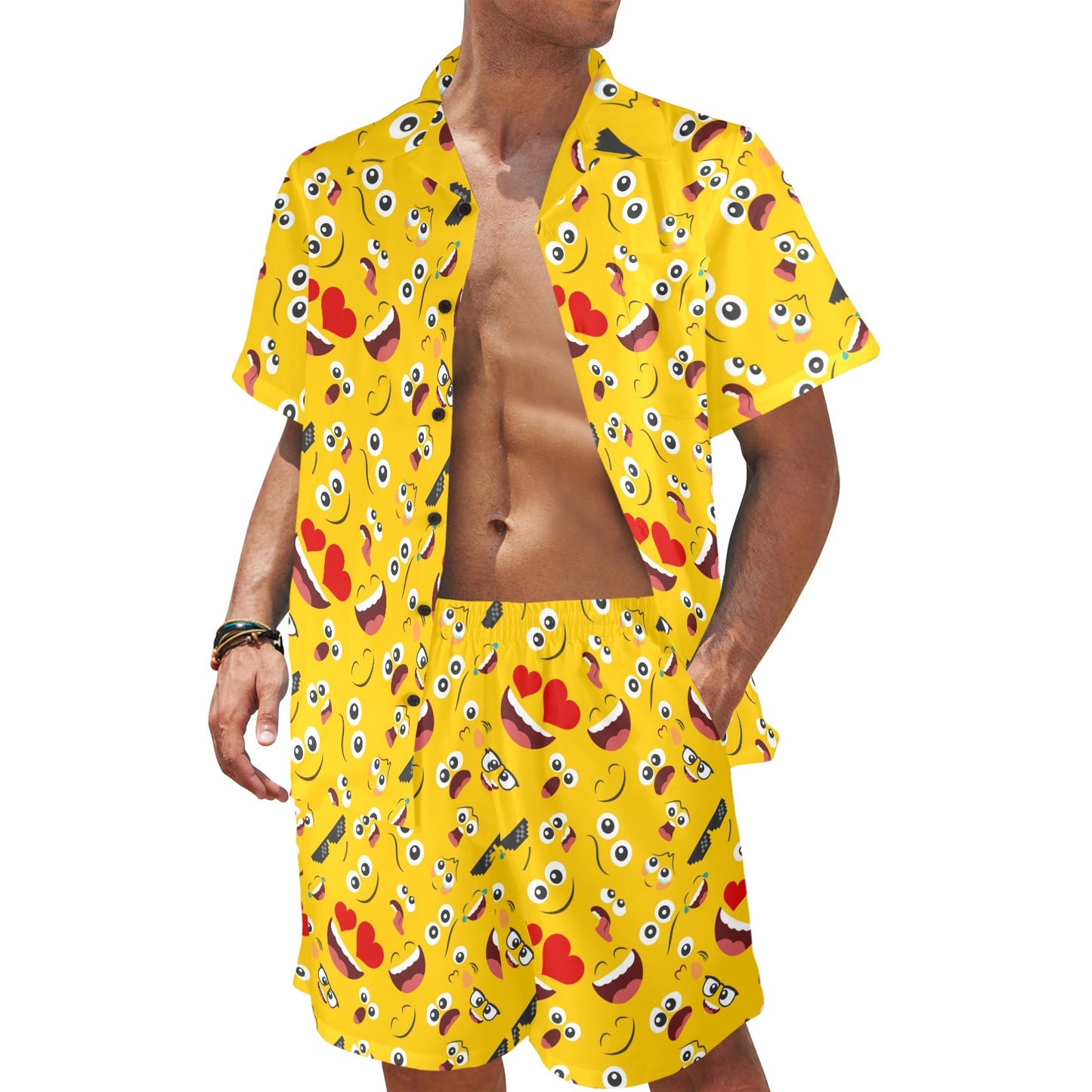 Emoji Face Print Pattern Men's Beach Shirt and Shorts Set