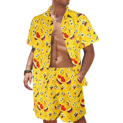 Emoji Face Print Pattern Men's Beach Shirt and Shorts Set