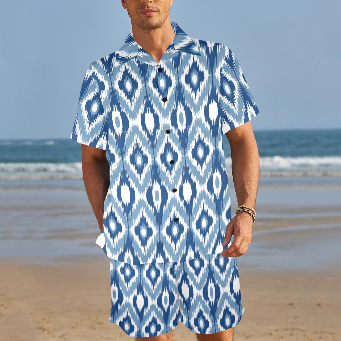 Ikat Pattern Print Design 03 Men's Beach Shirt and Shorts Set