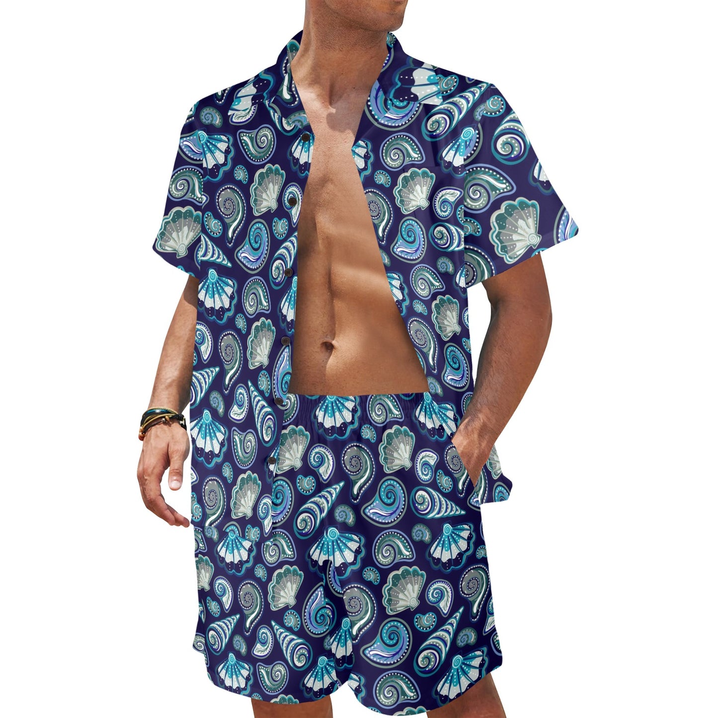 Beach Seashell Blue Print Men's Beach Shirt and Shorts Set