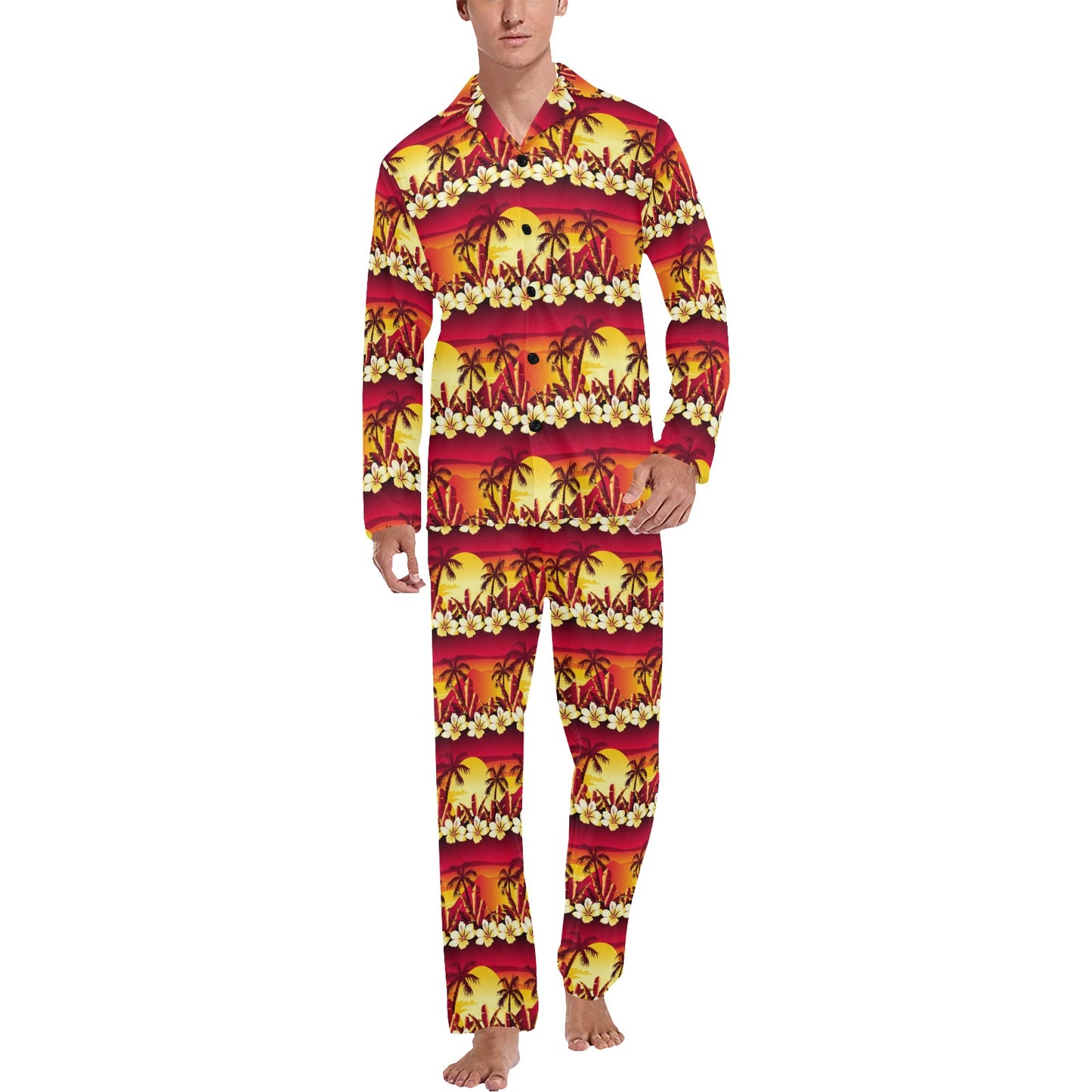 Hawaiian Tropical Sunset Hibiscus Print Men's Long Pajama Set