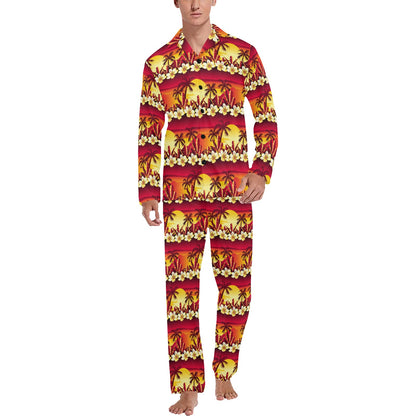 Hawaiian Tropical Sunset Hibiscus Print Men's Long Pajama Set